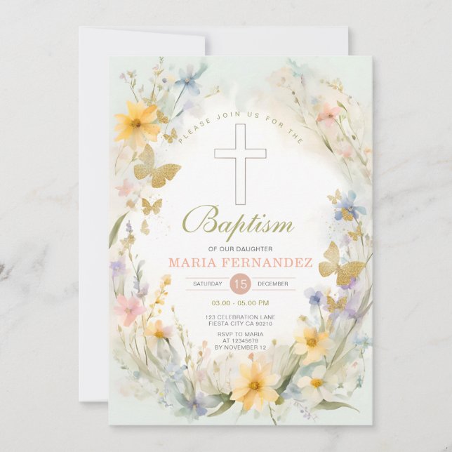 Watercolor Wildflower Floral Baptism Invitation  (Front)