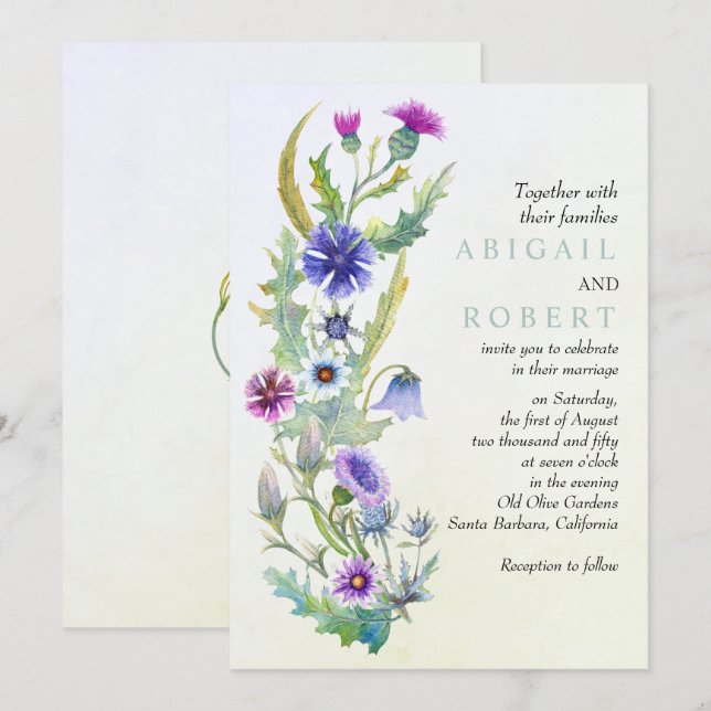 Watercolor wildflower floral garland wedding invitation (Front/Back)