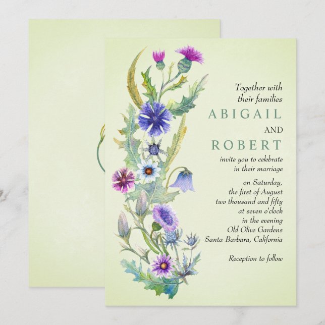 Watercolor wildflower floral pale green wedding invitation (Front/Back)