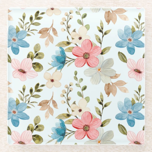 Watercolor Wildflower Floral Pattern Glass Coaster (Front)