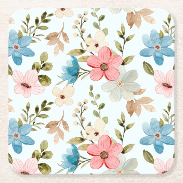 Watercolor Wildflower Floral Pattern Square Paper Coaster (Front)
