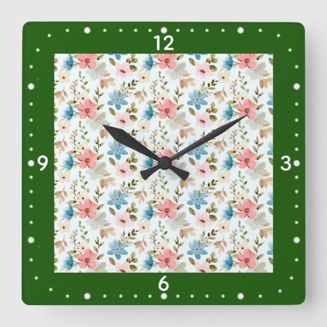 Watercolor Wildflower Floral Pattern Square Wall Clock (Front)