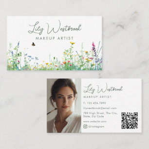 Watercolor Wildflower Floral Script Photo QR Code Business Card