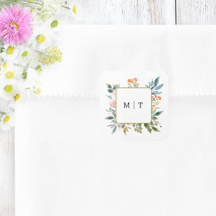 Watercolor Wildflower Floral Wedding Monogram Square Sticker