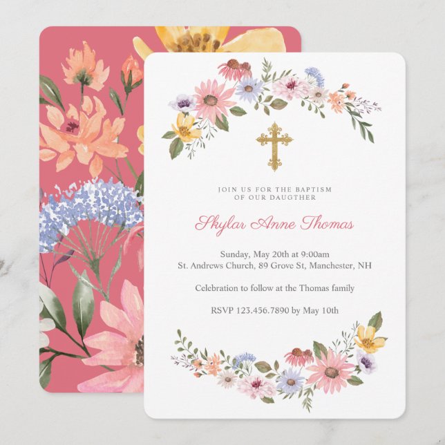 Watercolor Wildflower Floral Wreath Baptism Invitation (Front/Back)