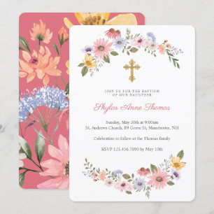 Watercolor Wildflower Floral Wreath Baptism Invitation
