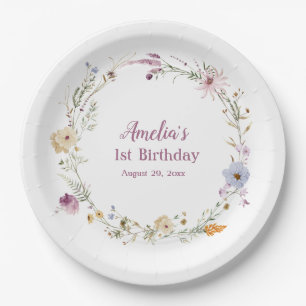 Watercolor Wildflower Floral Wreath Girl 1st Paper Plate