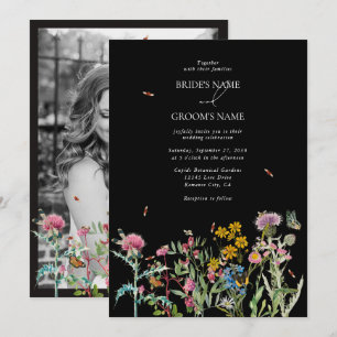 Watercolor Wildflower Garden Boho Black Wedding Invitation