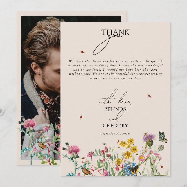 Watercolor Wildflower Garden Couple Photo Wedding  Thank You Card (Front/Back)