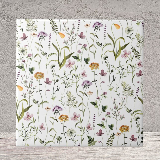Watercolor Wildflower Garden Floral Pattern Tile (Close up)