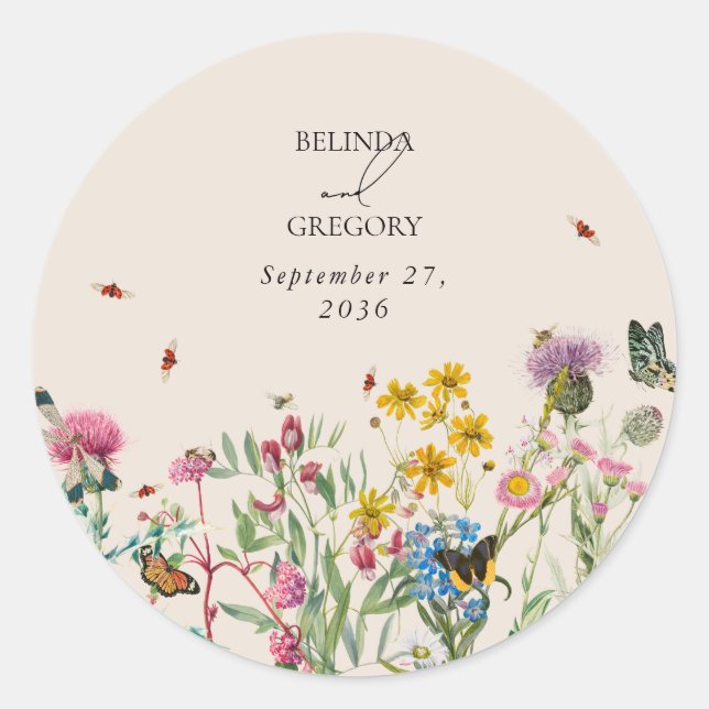 Watercolor Wildflower Garden & Insects Wedding Classic Round Sticker (Front)