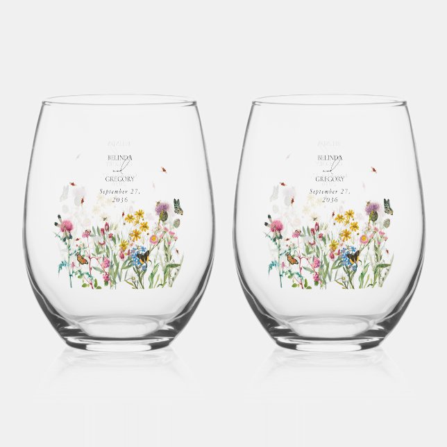 Watercolor Wildflower Garden Insects Wedding Favou Stemless Wine Glass (Front)