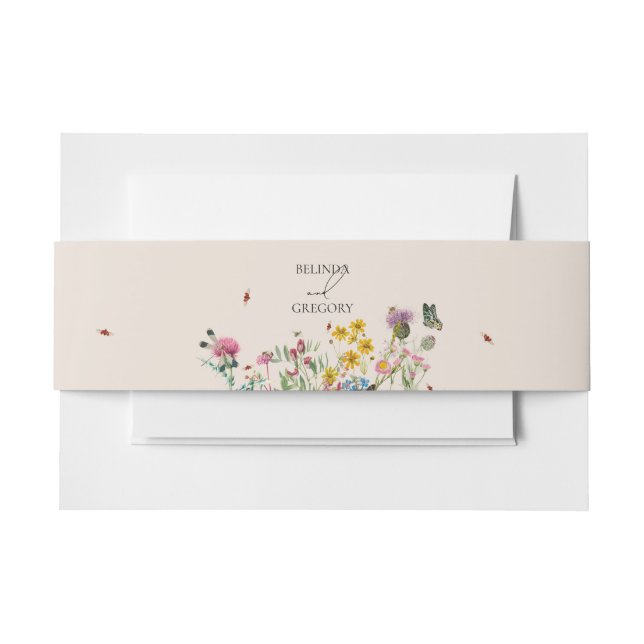 Watercolor Wildflower Garden & Insects Wedding Invitation Belly Band (Front Example)