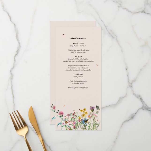 Watercolor Wildflower Garden & Insects Wedding Menu (Front/Back In Situ)
