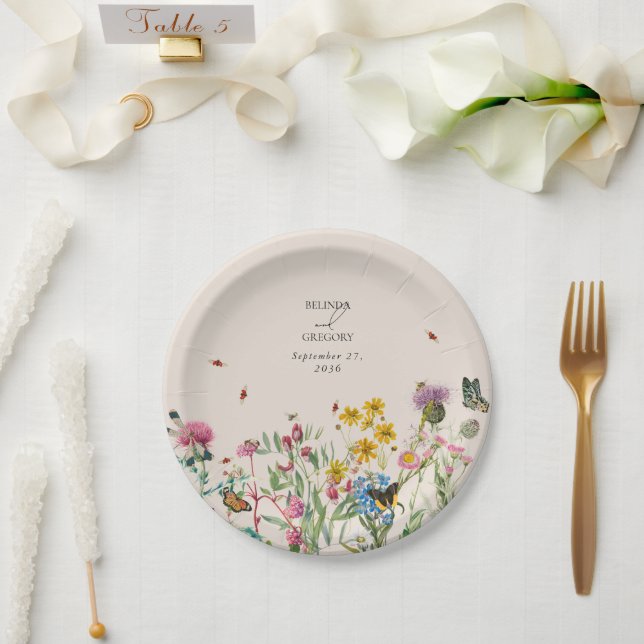 Watercolor Wildflower Garden & Insects Wedding Paper Plate (Wedding)