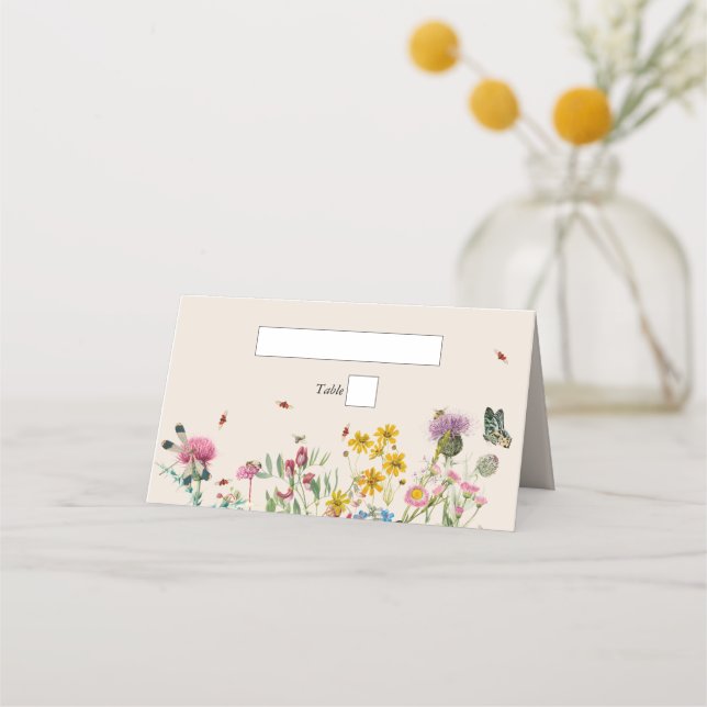 Watercolor Wildflower Garden & Insects Wedding Place Card (Front)