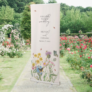 Watercolor Wildflower Garden & Insects Wedding Retractable Banner
