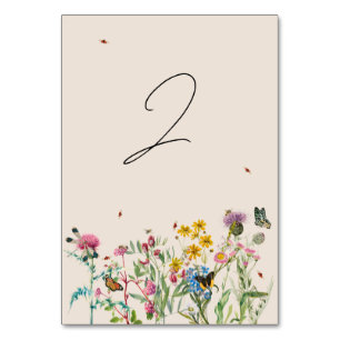 Watercolor Wildflower Garden & Insects Wedding Table Number