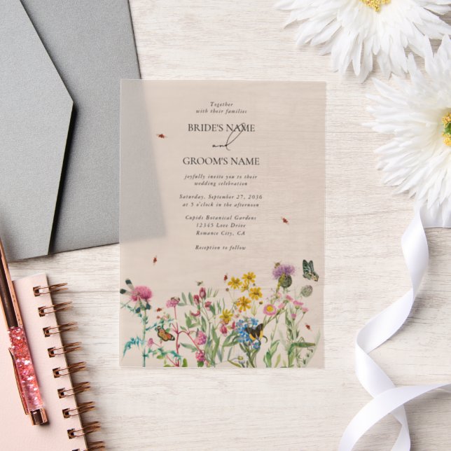 Watercolor Wildflower Garden & Insects Wedding Vellum Invitations (Wedding)
