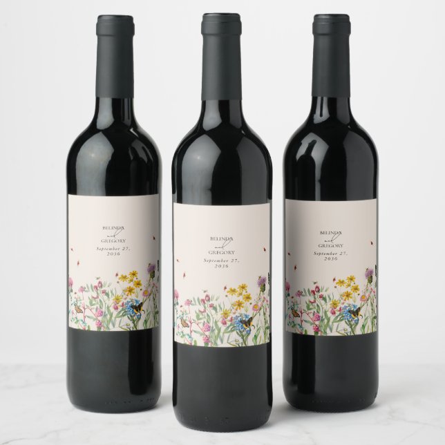 Watercolor Wildflower Garden & Insects Wedding Wine Label (Bottles)