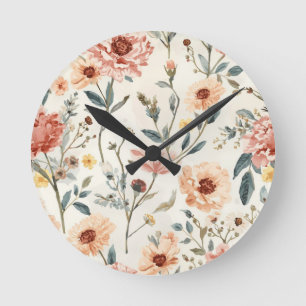 Watercolor Wildflower Garden Peach & Sage Floral Round Clock