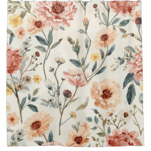 Watercolor Wildflower Garden Peach & Sage Floral Shower Curtain