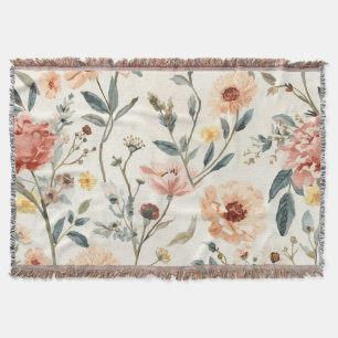 Watercolor Wildflower Garden Peach & Sage Floral Throw Blanket