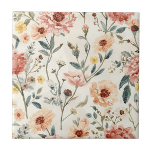 Watercolor Wildflower Garden Peach & Sage Floral Tile