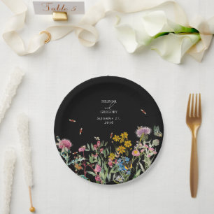 Watercolor Wildflower Garden Wedding Black Boho Paper Plate