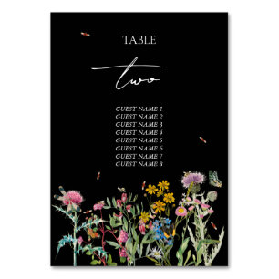 Watercolor Wildflower Garden Wedding Black Boho Table Number
