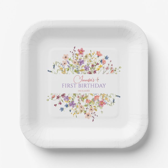 Watercolor Wildflower Girl 1st Birthday Paper Plate (Front)