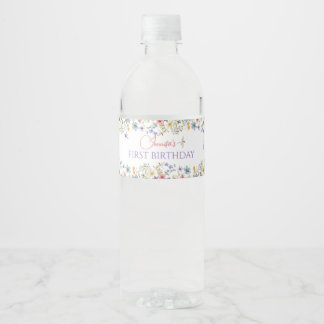 Watercolor Wildflower Girl 1st Birthday Water Water Bottle Label