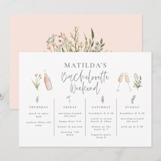 Watercolor wildflower girly bachelorette itinerary (Front/Back)