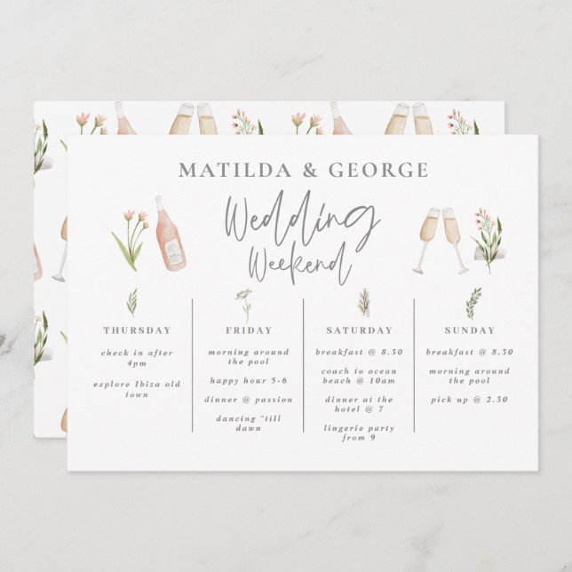 Watercolor wildflower girly wedding week itinerary (Front/Back)