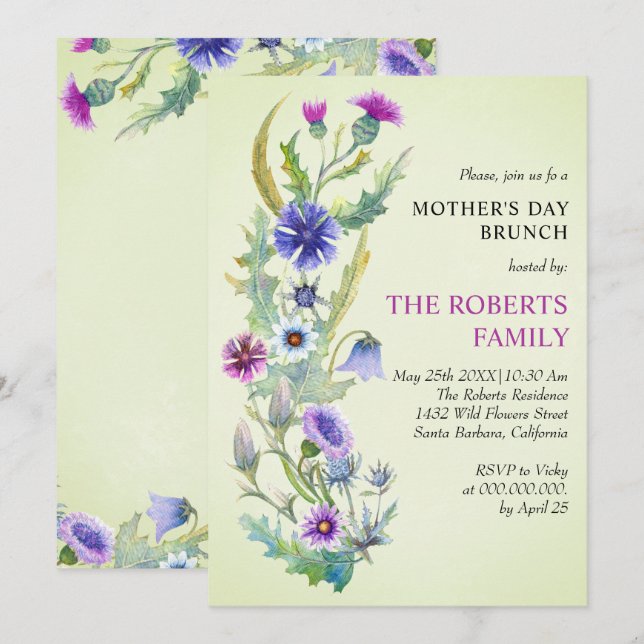 Watercolor wildflower green Mother's Day Brunch Invitation (Front/Back)