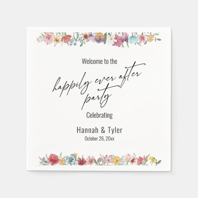 Watercolor Wildflower Happily Ever After Party Napkin (Front)