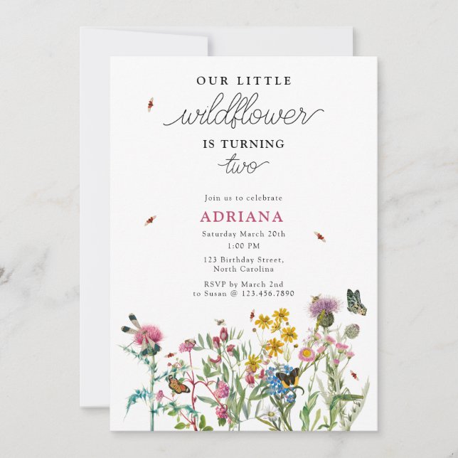 Watercolor Wildflower Insects Floral 1st Birthday Invitation (Front)