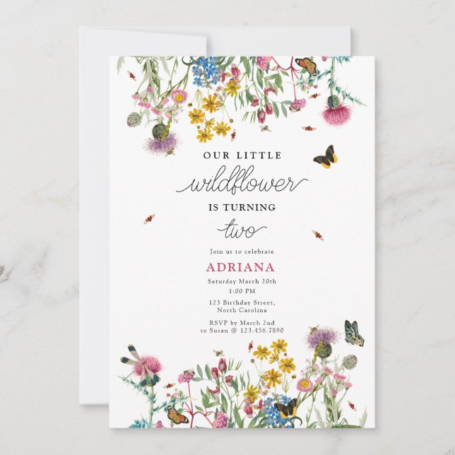 Watercolor Wildflower Insects Floral Girl Birthday Invitation (Front)