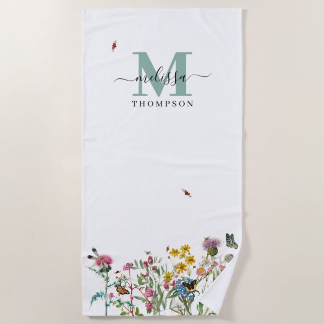 Watercolor Wildflower Insects Floral Spring Garden Beach Towel (Front)