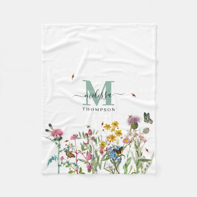 Watercolor Wildflower Insects Floral Spring Garden Fleece Blanket (Front)