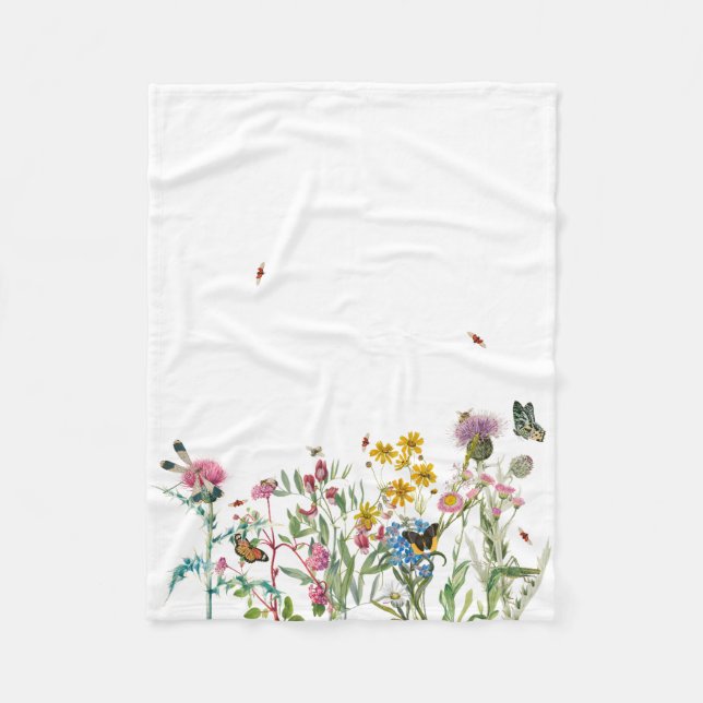 Watercolor Wildflower Insects Floral Spring Garden Fleece Blanket (Front)
