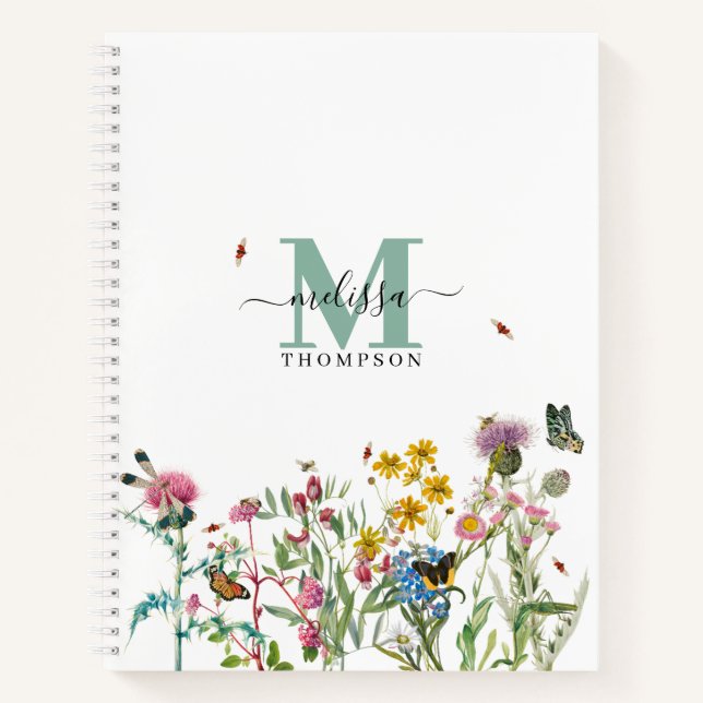 Watercolor Wildflower Insects Floral Spring Garden Notebook (Front)