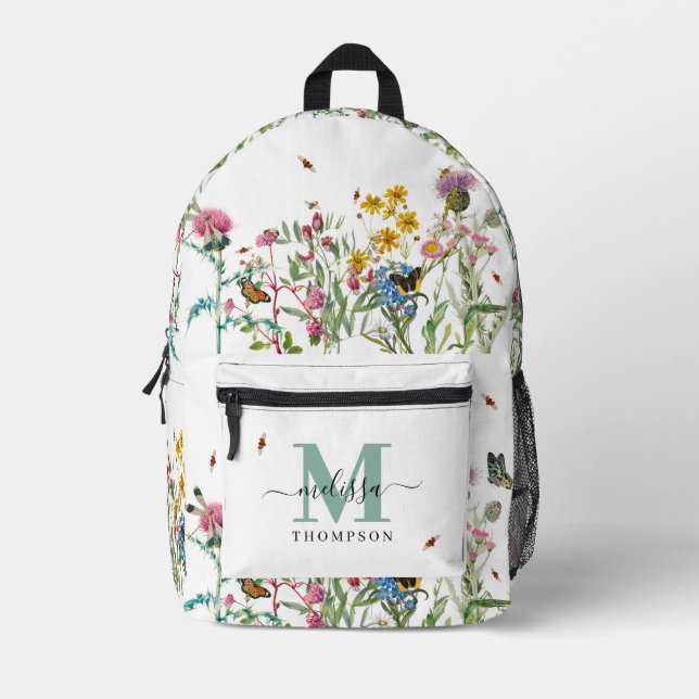 Watercolor Wildflower Insects Floral Spring Garden Printed Backpack (Front)