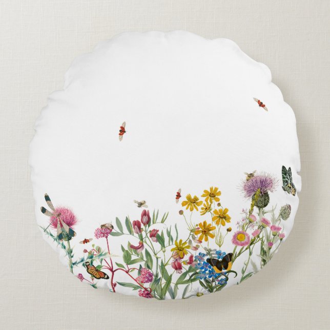 Watercolor Wildflower Insects Floral Spring Garden Round Cushion (Front)