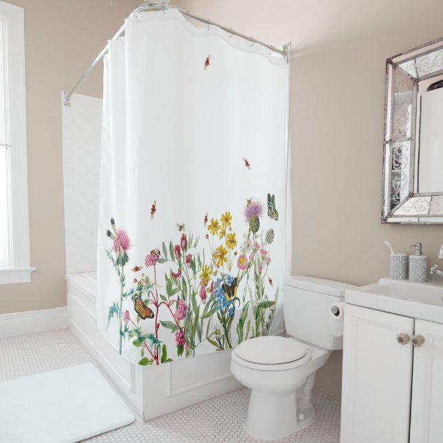 Watercolor Wildflower Insects Floral Spring Garden Shower Curtain (In Situ)