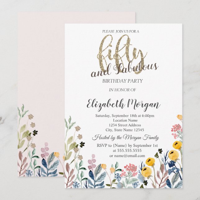 Watercolor Wildflower Meadow  50th Birthday Invitation (Front/Back)