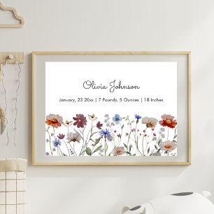 Watercolor Wildflower Meadow Baby Birth Stats  Poster