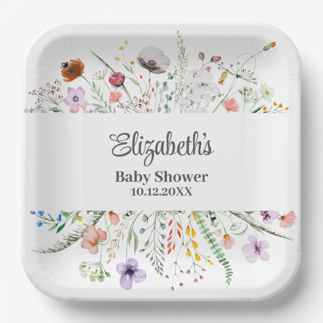 Watercolor Wildflower Meadow Baby Shower  Paper Plate (Front)
