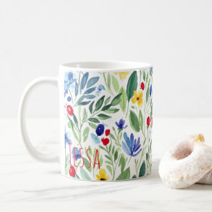 Watercolor Wildflower Meadow Blue and Yellow Art Coffee Mug