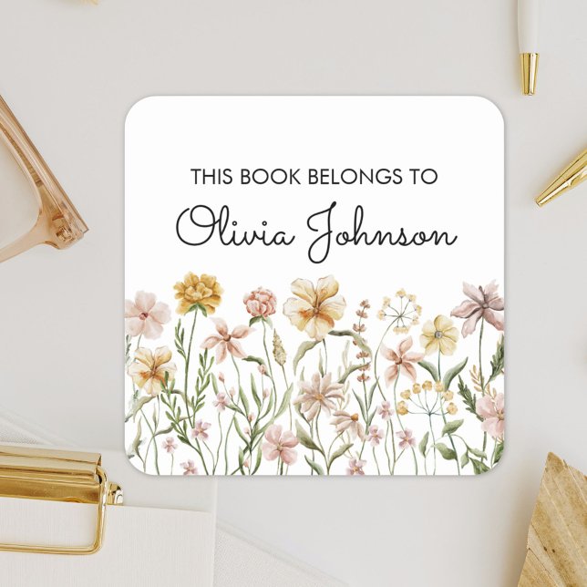 Watercolor Wildflower Meadow Bookplate Square Sticker (In situ)